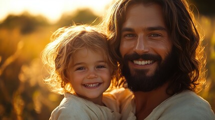 digital composite image of jesus christ with a kid in his arms smiling digital illustration