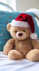 Fototapeta premium abstract marketing background featuring a 3D teddy bear wearing a Santa hat sitting beside a child in a hospital bed, providing comfort and companionship during difficult times. This design symbolizes