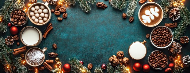 Holiday gift ideas promotional banner featuring coffee beans and hot cocoa ingredients surrounded by festive Christmas decorations, including lights, pine branches, and ornaments