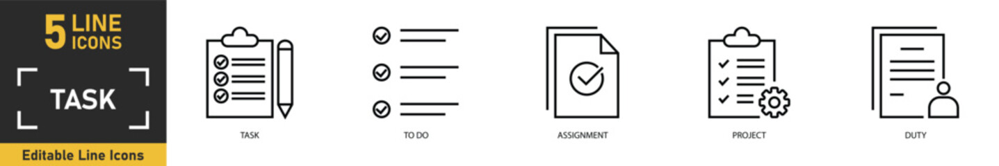 Fototapeta premium Task line icon set. Set of 5 outline icons related to task, to do, assignment, project, duty and more. Vector illustration.