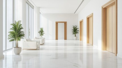 Fototapeta premium The modern corridor in the business center has a white marble floor.