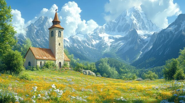 digital painting of a church in a meadow and mountains in the background