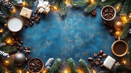 Holiday gift ideas promotional banner featuring coffee beans and hot cocoa ingredients surrounded by festive Christmas decorations, including lights, pine branches, and ornaments