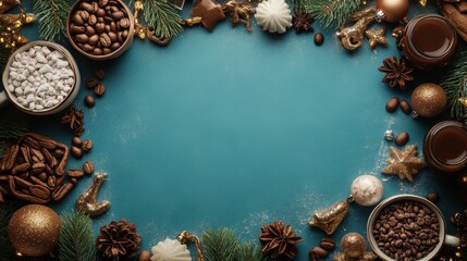 Holiday gift ideas promotional banner featuring coffee beans and hot cocoa ingredients surrounded by festive Christmas decorations, including lights, pine branches, and ornaments