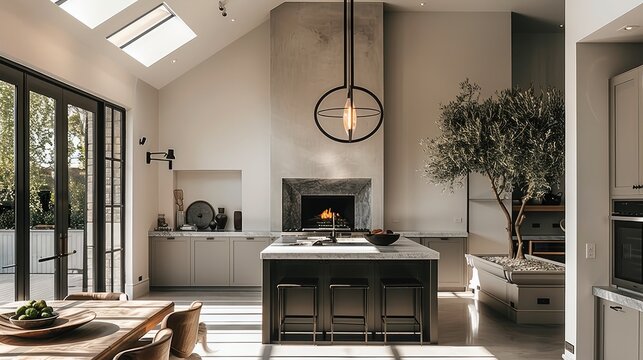 A farmhouse-style large kitchen with a ceiling, gray walls, and fireplace in the background. A round black chandelier hangs from the island. There is an olive tree next to the dining table. - Powered by Adobe