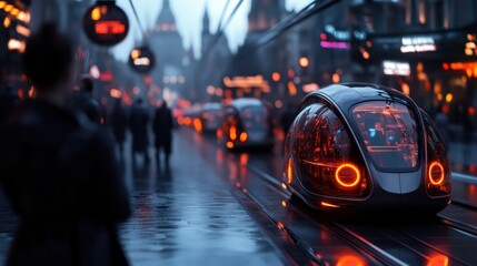 A captivating cityscape featuring futuristic transportation pods, glowing softly in the night, representing innovation and the evolution of urban mobility.