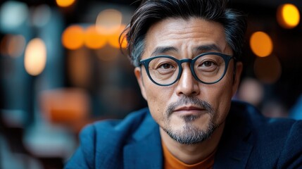 A contemplative man with stylish glasses gazes thoughtfully into the camera, portraying individuality, confidence, and modern aesthetics in a lively social environment.