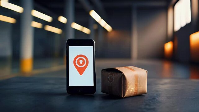 A smartphone displaying a location icon next to a packaged item in an indoor space.