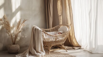A serene nursery with a sleeping baby in a wicker crib surrounded by soft natural light.