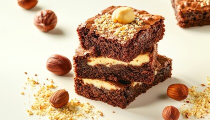 Delicious brownies with creamy filling, topped with nuts on a white background.