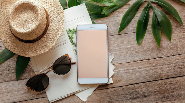 Relaxing summer day essentials with a hat, sunglasses, phone, and tropical leaves on a wooden surface. Generative AI