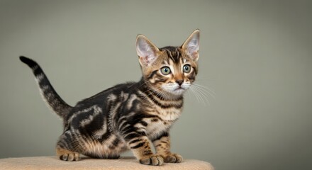 Obraz premium Adorable bengal kitten with striking patterns on neutral background