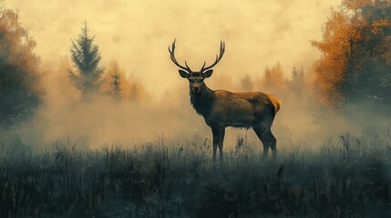 Naklejka premium double exposure of a deer in the forest with grunge effect