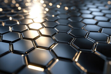 Obraz premium Hexagonal pattern of solid metal wall background in black color reminiscent of honeycomb. Generated by artificial intelligence