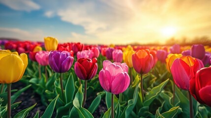 A colorful tulip field stretching across rolling hills under a bright spring sky. The neatly arranged rows of flowers create a vibrant patchwork of color. 