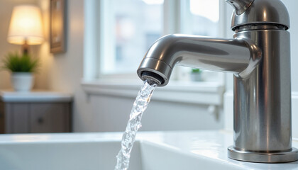 Close-up of a modern kitchen faucet with flowing water in a bright and cozy kitchen setting