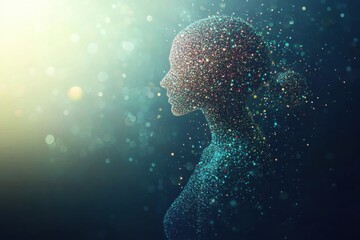 Abstract image of a female head, from which come numerous colorful particles or cubes