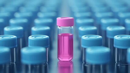 Obraz premium A vibrant pink vial stands out among a sea of blue capped containers, symbolizing uniqueness in a laboratory setting.