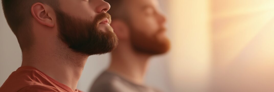 This artistic image features two men in a thoughtful pose, illuminated by soft lighting, capturing an intimate moment of reflection and contemplation.