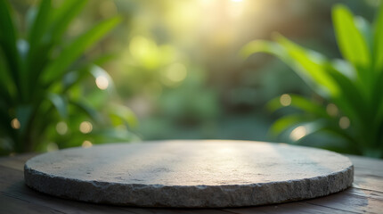 Empty, beautiful, round stone tabletop in a tropical garden with green plants and leaves for product display presentation mockup background. Summer outdoor scene with bokeh light