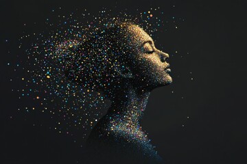 Abstract image of a female head, from which come numerous colorful particles or cubes