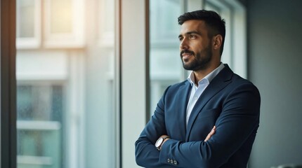 businessman arm folding stand in fron of an office window
