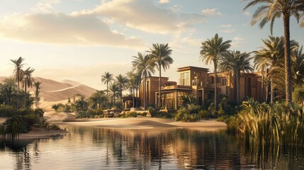 Fototapeta premium A serene desert oasis surrounded by towering date palms and calm, reflective water. The golden sand dunes in the background contrast beautifully with the lush greenery. 