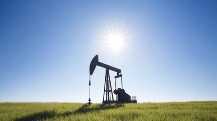 Naklejka premium Oil Pump Jack Silhouette in a Bright Blue Sky with Sunlight Over a Green Grass Field Illustrating Energy Production and Natural Resources in a Rural Landscape