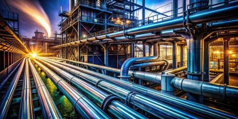 Long exposure captures a city's industrial heart: steel pipes, water lines, a nocturnal infrastructure symphony.