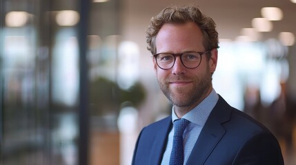 Fototapeta premium Professional Man with Glasses Smiling Confidently in Modern Office Setting, Ideal for Business or Corporate Concepts and Workplace Themes