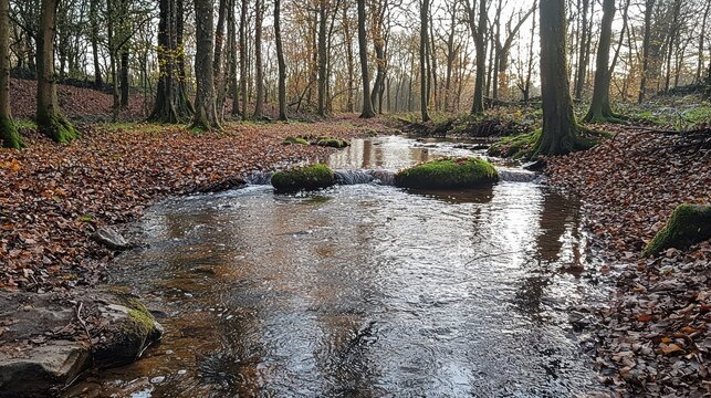 A serene woodland stream flowing over smooth rocks surrounded by moss-covered trees. The gentle sound of water blends with the peaceful rustle of leaves. 