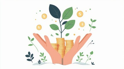 Growth and Prosperity Concept Featuring Hands Cradling Coins and a Plant Surrounded by Nature Elements Illustrating Financial Investment and Sustainable Development