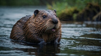 Beaver swimming in calm waters, showcasing its industrious nature in a natural habitat
