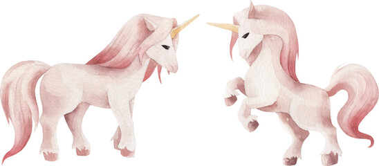 Watercolor vector cartoon unicorns. Cute illustration.
