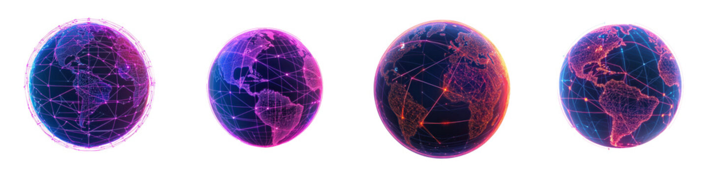 Glowing fractal globe shapes in vibrant blue purple orange and red hues symbolizing the interconnected nature of global digital networks energy grids and data infrastructure  The abstract
