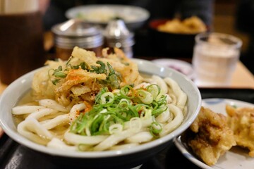 A bowl of vegetable tempura udon noodle soup and karaage fried chicken at a small shokudo (eatery)...