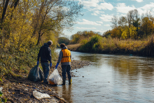 Volunteers cleaning a riverbank, wearing gloves and holding trash bags. Copyspace on the left. Bright, sunny lighting. Natural riverside background with trees.