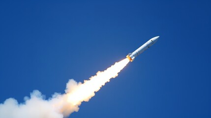 Missile soaring against clear sky with trail of smoke and fire, war-themed illustration highlighting conflict