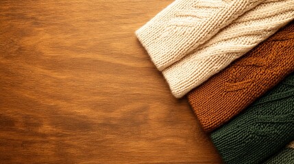 Knitted fabric swatches in assorted patterns, neatly organized to highlight their fine details, soft textures, and quality craftsmanship.