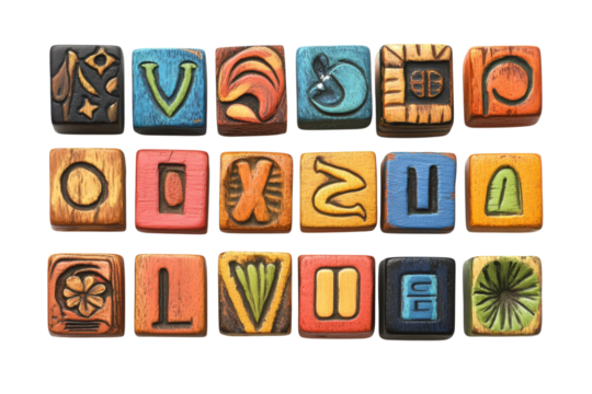 Colorful wooden blocks displaying various shapes and designs arranged on a white surface in an artistic pattern