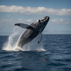Fototapeta premium A humpback whale breaching in the open ocean.
