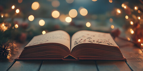 Open Book with Sparkling Bokeh Lights in Background