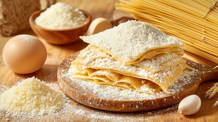 Fresh lasagna sheets with flour, eggs, and spaghetti on a wooden surface.