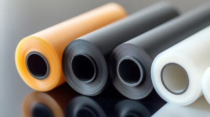 Fototapeta premium An artistic collection of vibrant rolls of film and plastic materials displayed on a glossy surface, showcasing diverse colors and textures that captivate the viewer's attention.