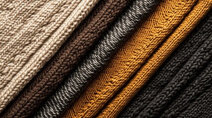 Knitted fabric swatches in assorted patterns, neatly organized to highlight their fine details, soft textures, and quality craftsmanship.