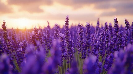 A vibrant field of lavender stretching to the horizon under a bright summer sky. The rows of purple flowers create a rhythmic pattern, and the air seems alive with their fragrance. 