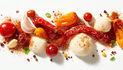 Obraz premium Gourmet ingredients artfully arranged on a white background.