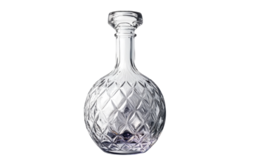 Elegant glass decanter on a white background highlighting its intricate diamond pattern and shape