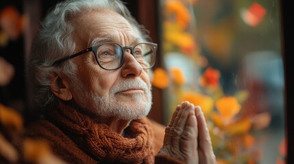 elderly man in prayer portrait of a senior man with glasses sitting by the window