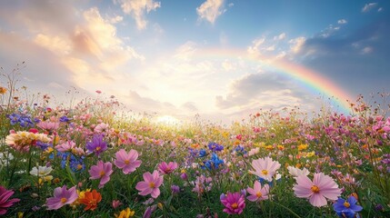 Fototapeta premium A vibrant meadow bursting with colorful wildflowers under a vivid rainbow arching across the sky. The soft light of an early morning adds depth and magic to the scene. 